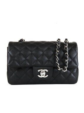 Chanel Mini Classic Handbag Black Silver Caviar Leather Quilted 20 Single Flap